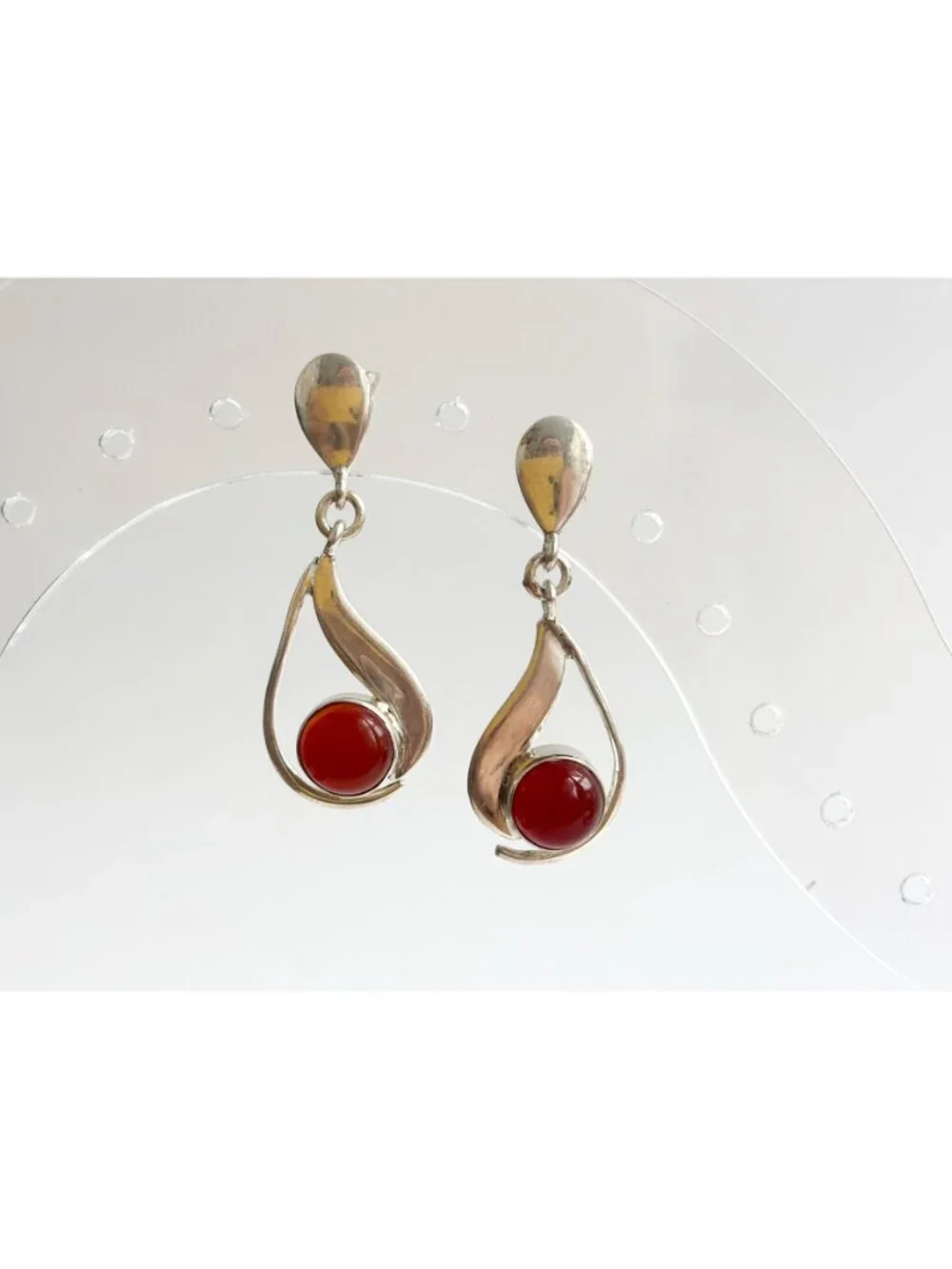 Carnelian Stone Midcentury Modern Stylized Vintage Sterling Silver 925 Earrings